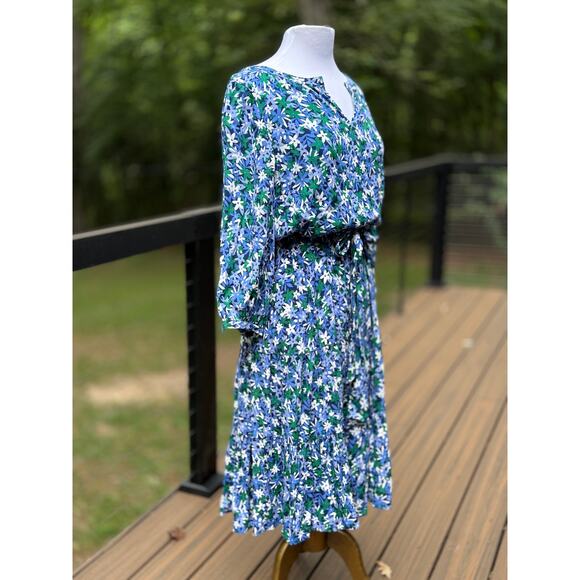 Talbots 12 Floral Colorful Blue Summer Spring Dress Waist Tie Balloon Sleeves - Picture 6 of 7